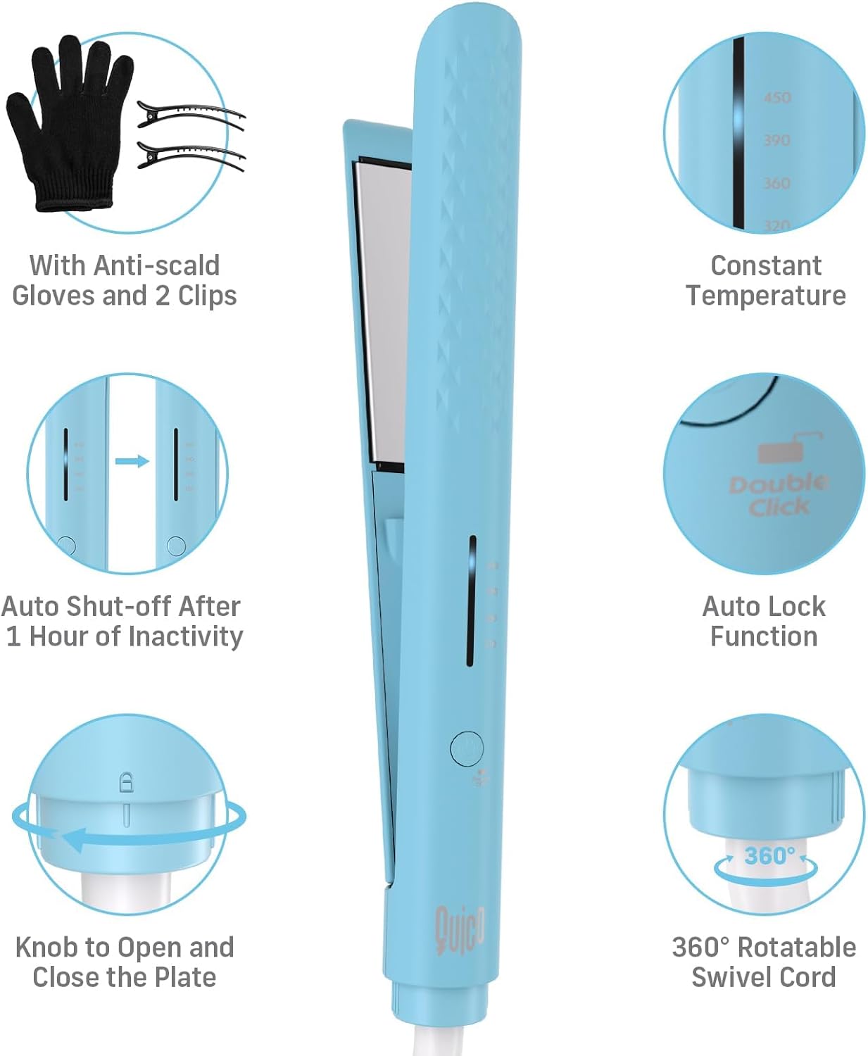 Quico Hair Straightener, 110-240V Global Travel Hair Straighteners for Women, 15s Fast Heating, Professional Negative Ion Flat Iron, Temp Memory, 320℉-450℉, Auto-Off, with Glove and Clips, Gift, Blue - Image 8