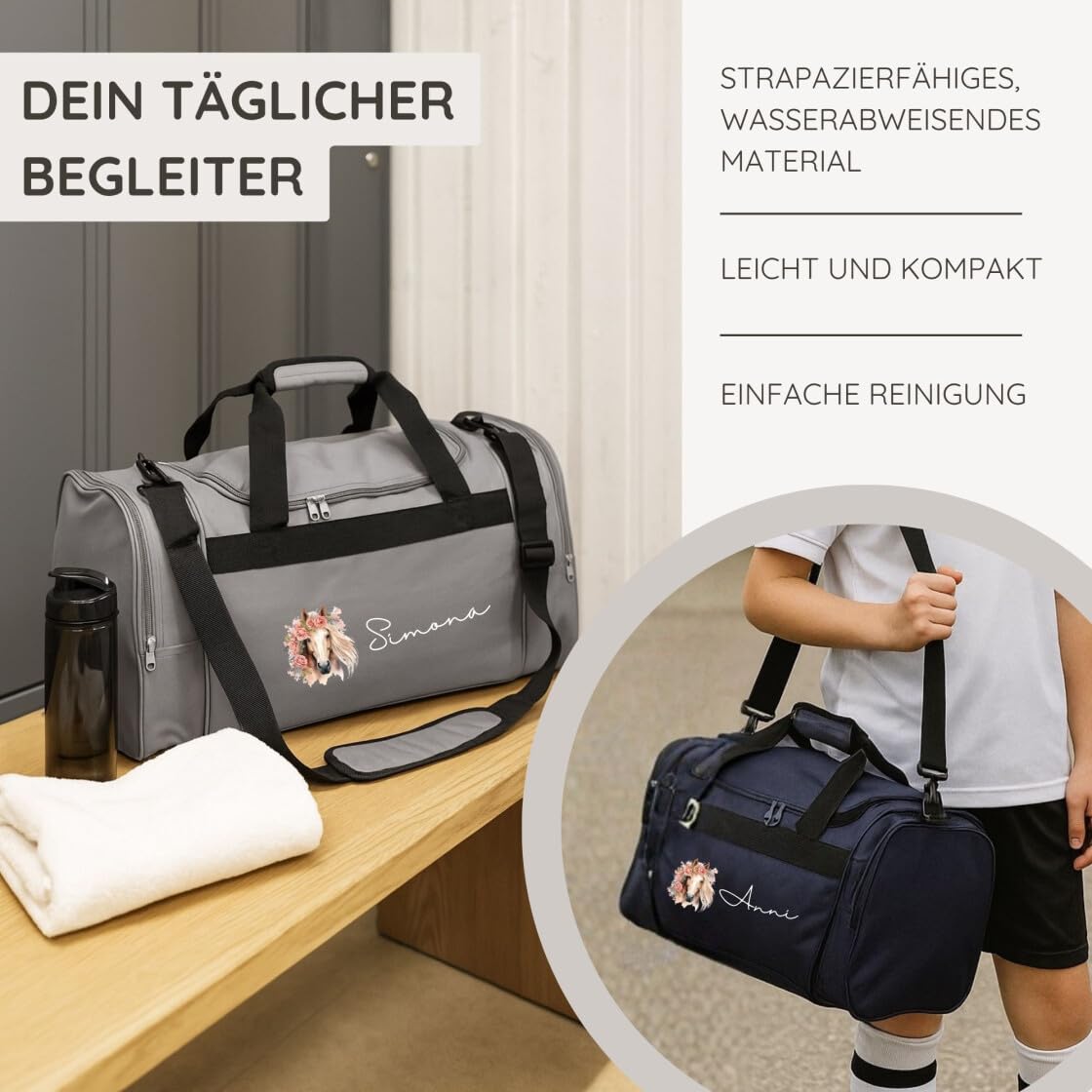 minimutz Sporttasche Pferd Kinder personalisiert, Reisetasche Reittasche Mädchen groß, Kindersporttasche mit Name 26L (lila)