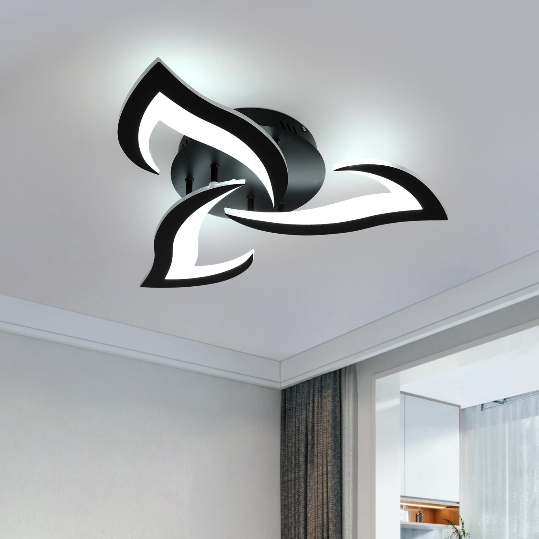 LED Ceiling Light, 36W 3240LM Modern Design Ceiling Lighting, 3 Lights Living Room Ceiling Light Acrylic Black Flower Fittings Ceilings for Bedroom, Kitchen, Dining Room 6500K Cool White