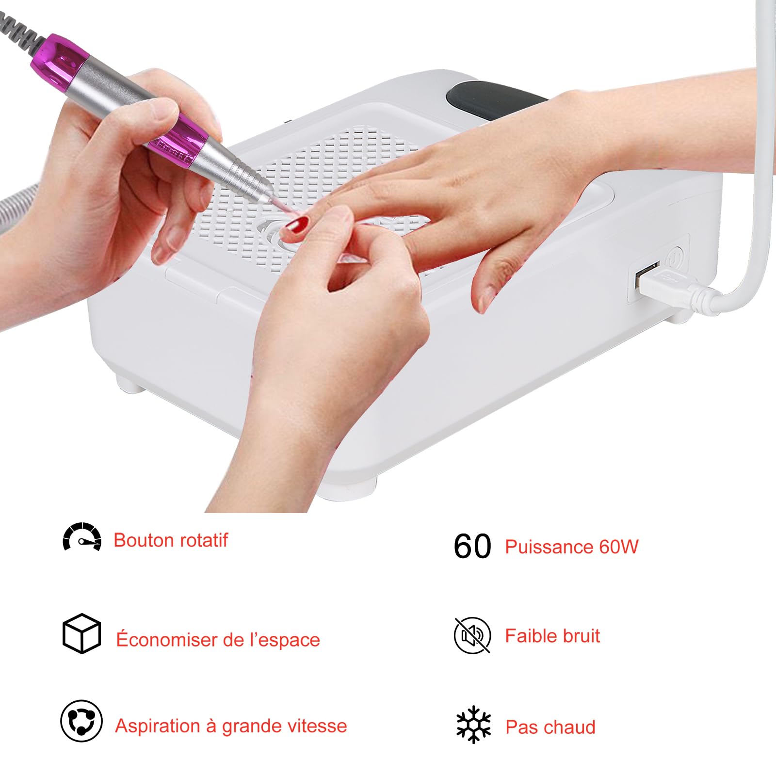 60W Aspirateur Ongle 5 en 1 Professionnel, Onglerie Collecteur de Poussière Faible Bruit, Aspiration Réglable, Pour la Manucure au Salon ou à la Maison(Blanc)
