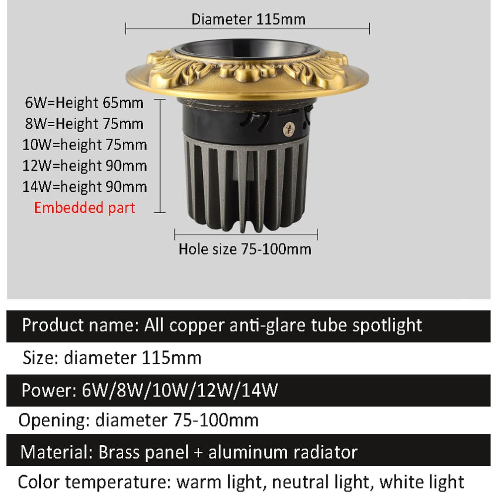 Spot encastré LED 4,5 Pouces, 6 W, 8 W, 10 W, 12 W, 14 W, projecteur COB, température de Couleur sélectionnable 3 000 K/4 000 K/6 000 K, IRC 90, plafonnier LED, 6 000 K,6000k-12W