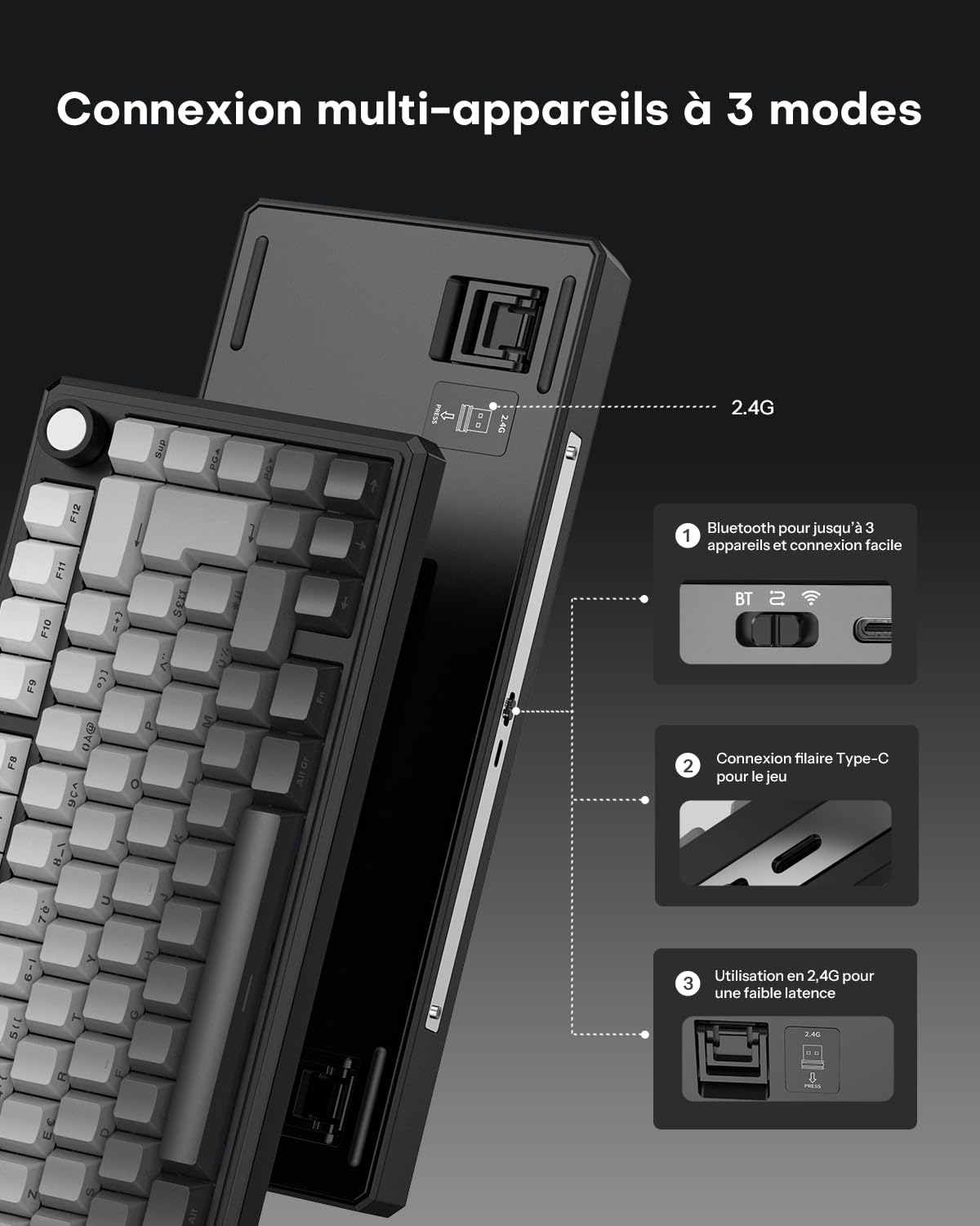 OMOTON Clavier Gamer 75% Mécanique QMK Via, Clavier sans Fil/Filaire Bluetooth 2,4 GHz, Clavier Gaming AZERTY PBT Side-Printed, Rétroéclairage RGB, Red Switch, Hot-Swap avec Volume pour PC/Mac/PS5