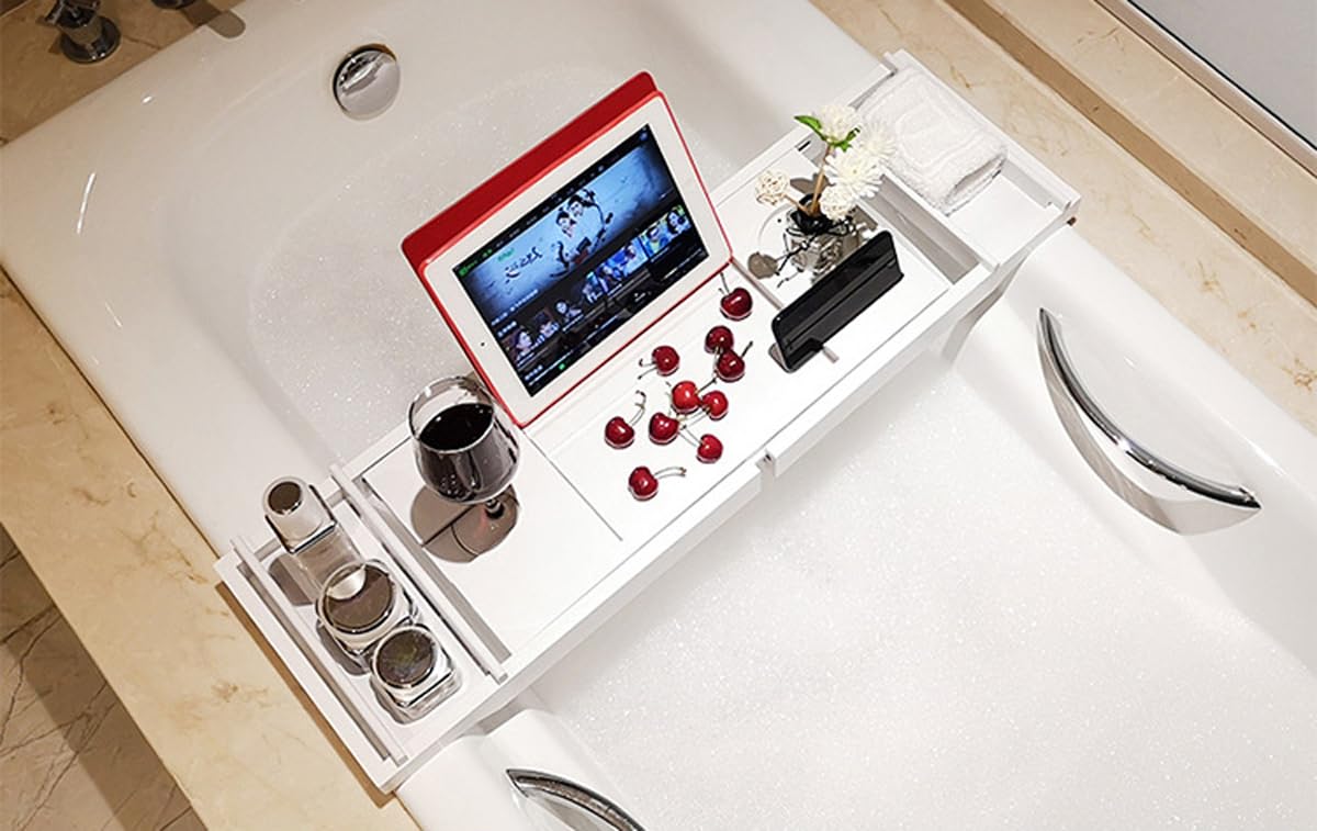 Bandeja de bambú natural para bañera con lados extensibles, ajustable, con soporte para copas de vino y soporte para teléfono, bandeja de baño impermeable para el hogar, baño, color gris