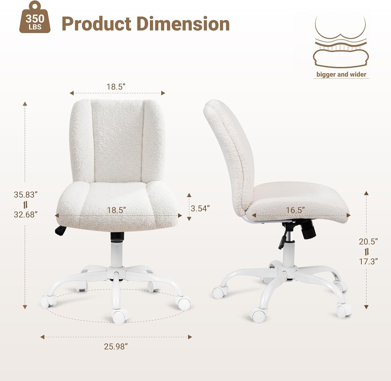 Vanity Chair with Back, Cute Modern Office Desk Chair with Wheels, Comfy Teddy Fleece Armless Chair for Girls, Thick Cushion Lumbar Support, Adjustable Swivel Chair for Small Spaces, White