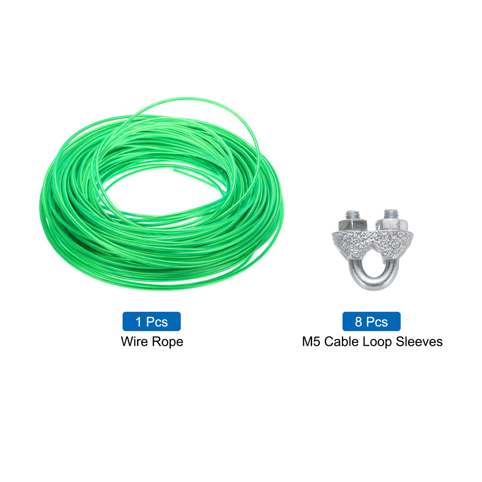 QUARKZMAN Cable de Acero Galvanizado Recubierto de Vinilo Verde de 3,5 Mm (9/64 Pulgadas), Cable de Cuerda de Alambre de Acero Galvanizado de 60 M / 197 Pies con 8Pcs de Fundas de Bucle M5