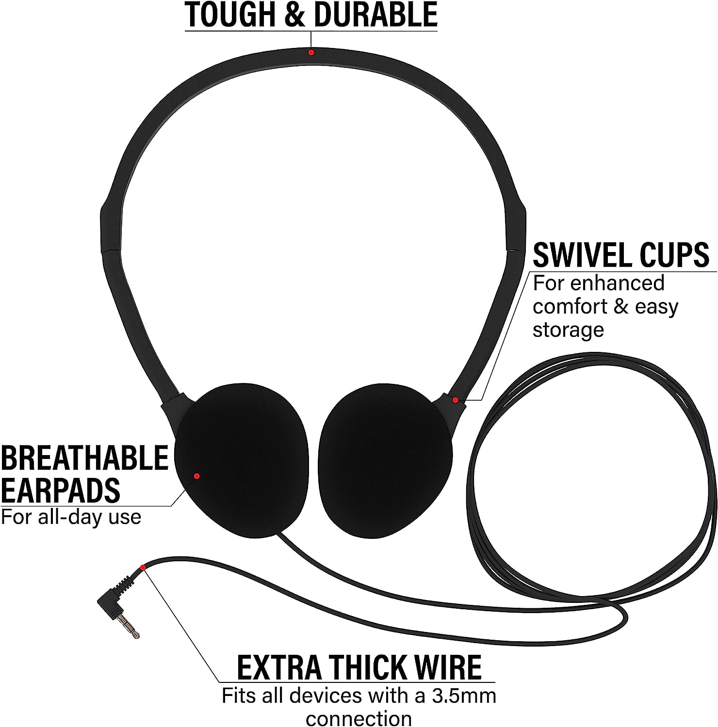 Maeline Bulk Classroom - Cuffie stereo on ear per studenti, fascia regolabile e cuscini in ecopelle, per imparare online, biblioteca, scuola, aereo, viaggi, spina da 3,5 mm, confezione da 200 pezzi,