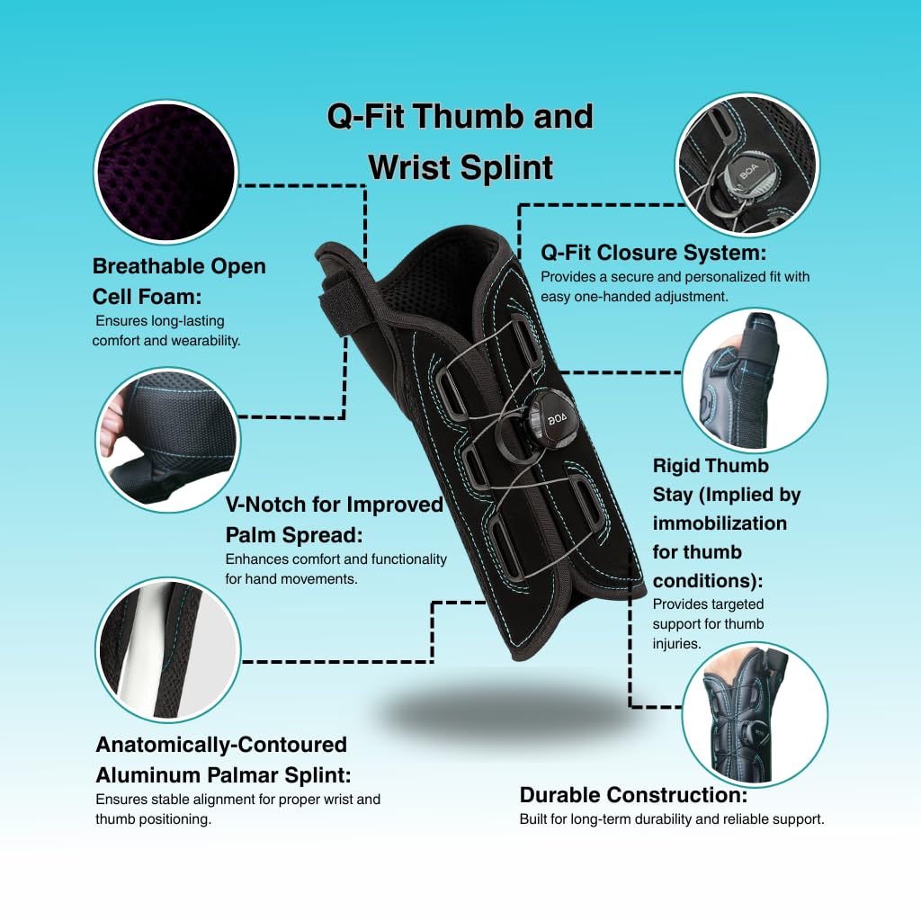 Q-Fit Thumb & Wrist Splint | Anatomical Stabilizer with BOA Q-Fit Compression System for Carpal Tunnel, TFCC Injury & Thumb Instability | Adjustable Aluminum Palmar Splint for Targeted Support | Medium Left