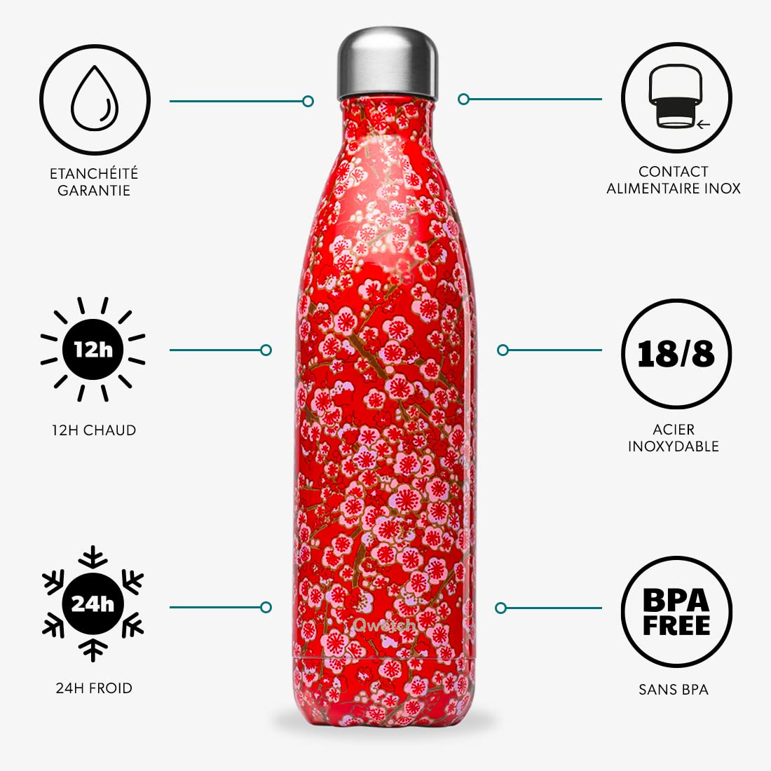 Qwetch - Flowers Thermosflasche - Rot 750ml - 24 Stunden kalt und 12 Stunden warm - Wasserdicht, BPA-frei & wiederverwendbar