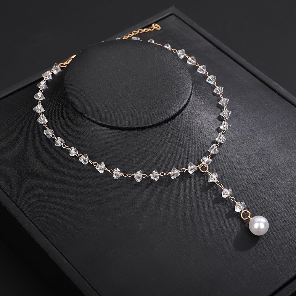 Jumwrit Sparkle Rhinestone Choker Necklace Dainty Pearl Drop Pendant Y Necklace Boho Beaded Fashion Necklace Jewelry for Women Girls - Image 4