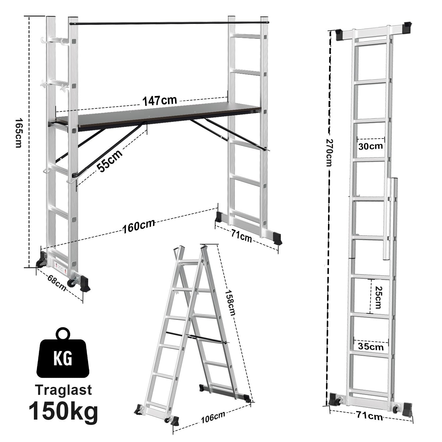 Fiqops Rusztowanie, aluminiowe rusztowanie 4 w 1, maks. 276 cm, obciążenie do 150 kg, uniwersalne rusztowanie budowlane, mobilna platforma robocza i 2 rolki, drabina rusztowań, rusztowanie na kółkach,