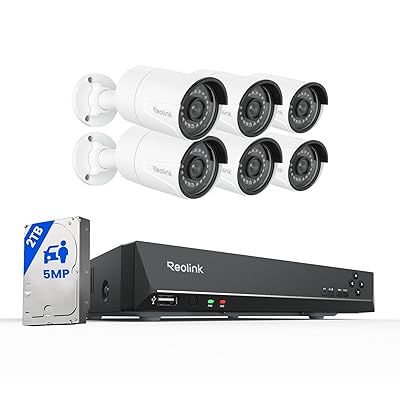 REOLINK 8CH 5MP Home Security Camera System, 6pcs Wired Outdoor PoE IP Cameras with Person/Vehicle/Pet Detection, 4K/8MP 8CH NVR with 2TB HDD for 24-7 Recording, RLK8-410B6-5MP