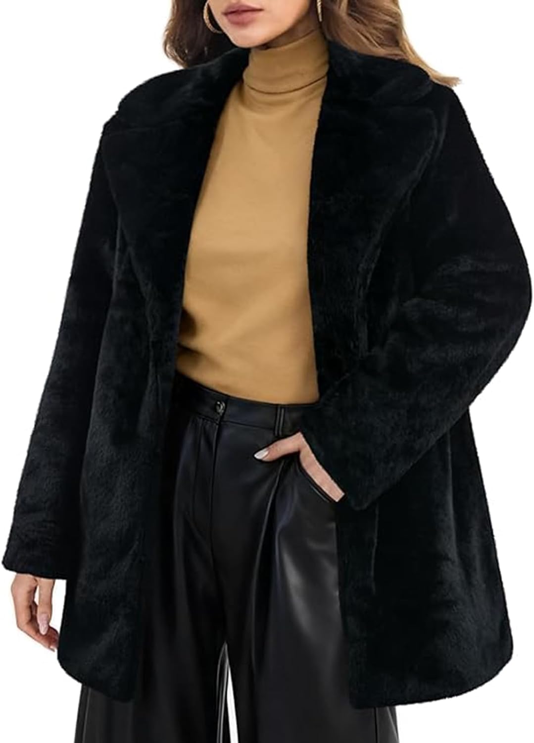 Bgylu Women's Faux Fur Coat Teddy Fuzzy Fleece Open Front Elegant Lapel Collar Long Sleeve Longline Loose Jacket