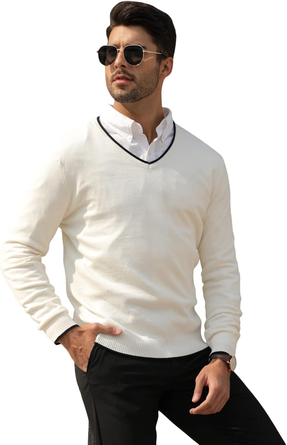 Esobo Men's Cotton V Neck Sweater Knitted Jumper Sweater Long Sleeve Pullover Top - Image 2