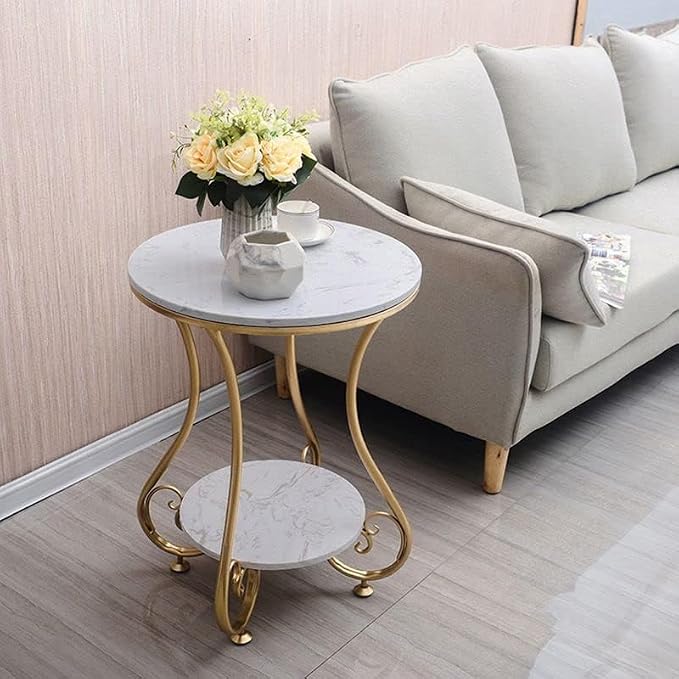 Side End Table Frame Sofa Corner Table for Living Room Coffee Table Striped Top and Metal Frame Sofa Table End Table, Bedroom Simple (White Gold(N))