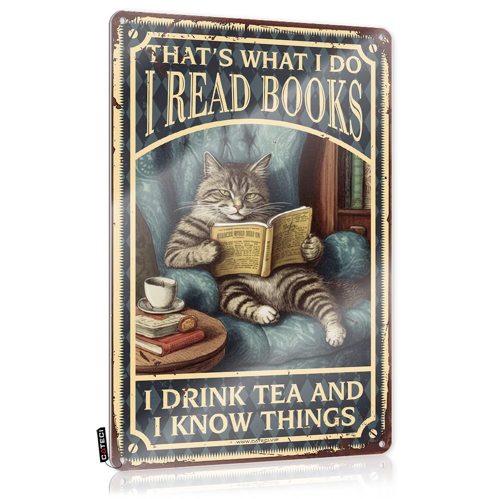 MWFKKADDB Tin Sign Man Cave Decor Cat Kitty I Read A Book And Drink Tea Tin Sign Aesthetic Wall Decorhippie Decorfunny Desk Decorroom Decor For Women Funny Signs Billiard Funny Signs Metal(30X40CM)