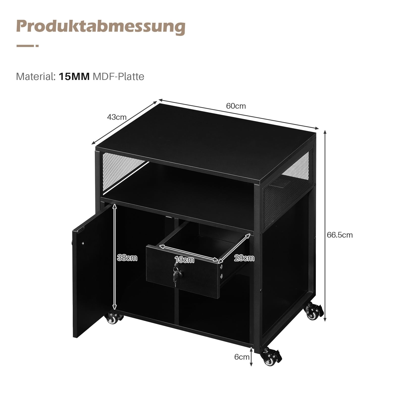 TUKAILAi Caisson de Bureau Rangement Avec USB Port, Caisson Imprimante Mobile à Tiroir Verrouillables, Caisson Imprimante Mobile avec Roulettes pour Format A4 Style Industriel (Noir)