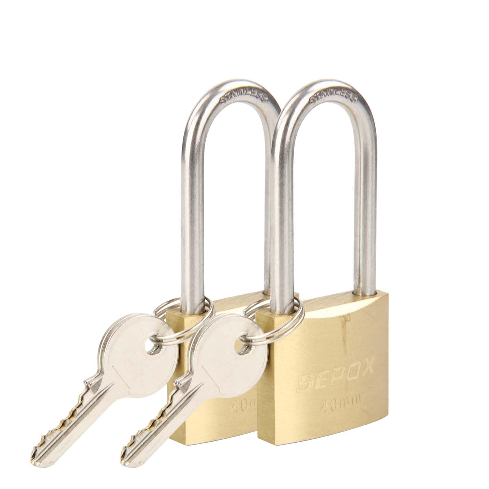 SEPOX® Marine Grade Outdoor Padlocks Keyed Alike, 40mm Heavy-Duty Solid Brass Lock Weather Proof, SUS304 Stainless Steel Long-Shackle, Rust Proof for Warehouse Garage Shed (2X Brass 40mm Long)