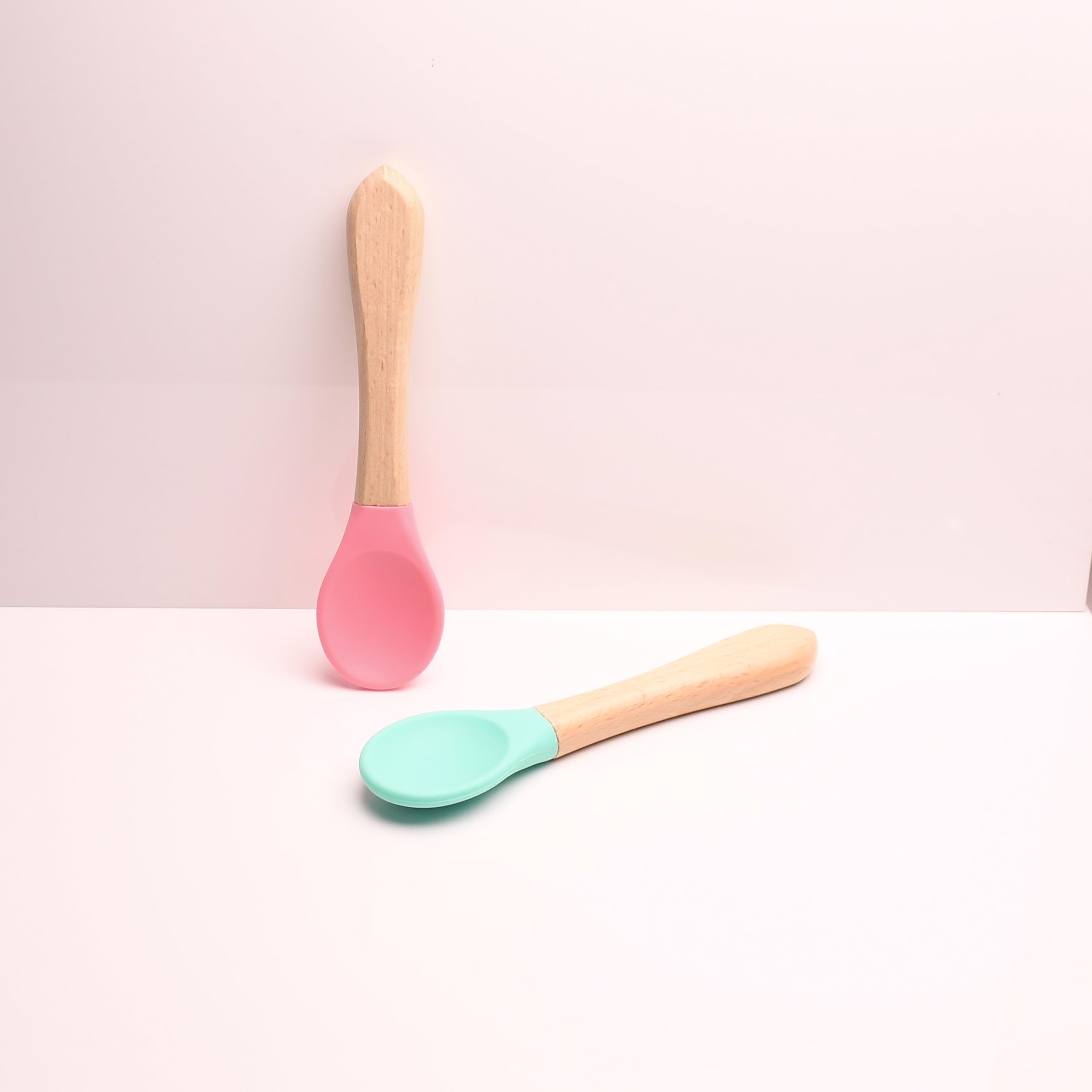 THE LITTLE LOOKERS Silicone Spoon with Bamboo Handle, BPA Free Feeding Spoons for Baby/Kids/Toddlers - Pink & Green (Pack of 2)-picture-36