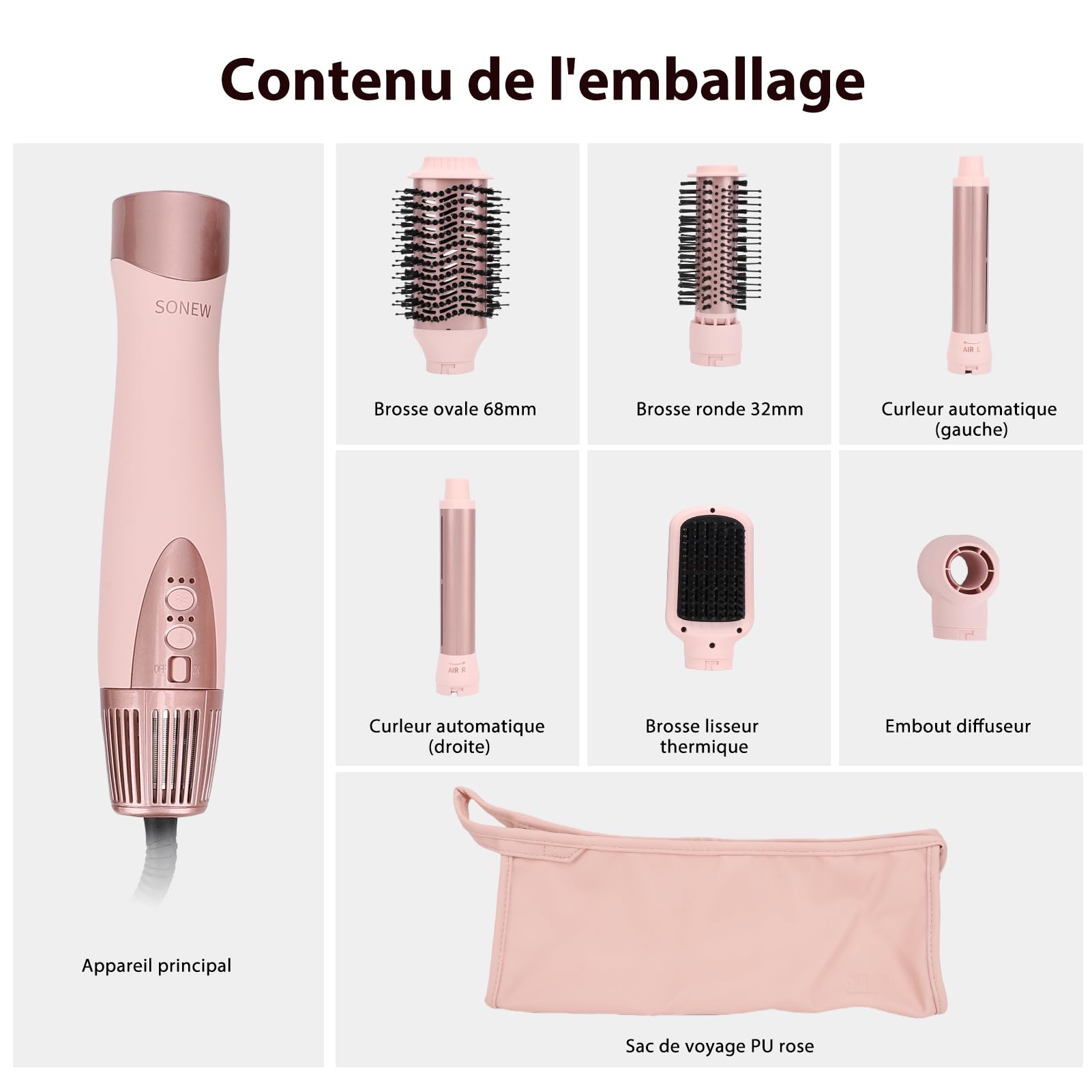 Sonew 6 en 1 FlexStyle Air Styling & Drying System, Puissant Séchoir et Multi-Styler avec Fer à Boucler Automatique (Gauche & Droite), Brosse Ovale, Brosse Lissante