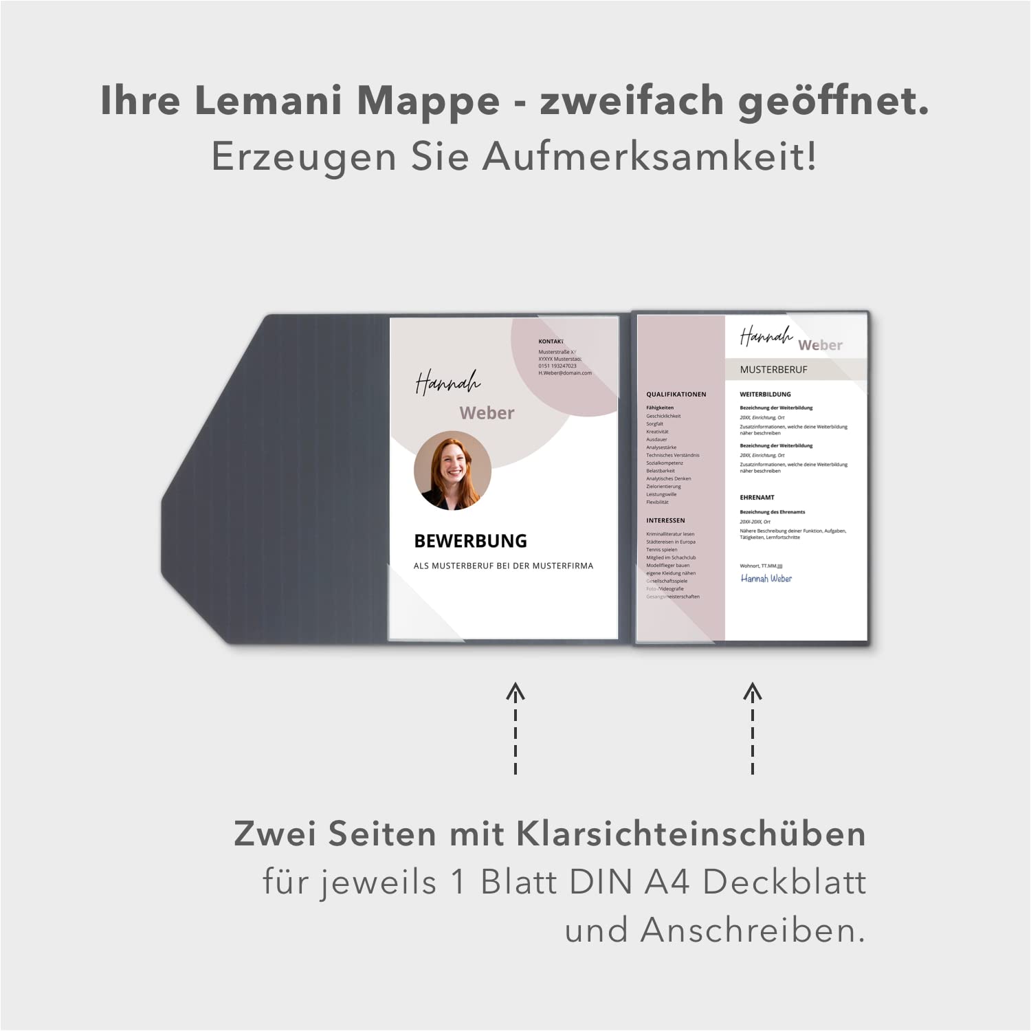 4 Stück 4-teilige Bewerbungsmappen Lemani® PREMIUM mit Nadelstreifen mit 2 Klemmschienen - Premium-Qualität mit feinen Nadelstreifen, unverwechselbarer Haptik und hochwertiger Prägung 'Bewerbung'