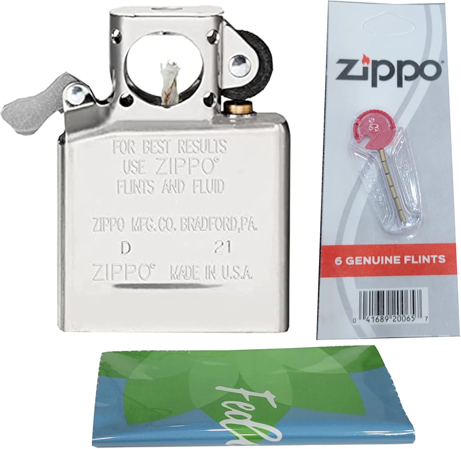 Zippo Chrome Pipe Lighter Insert Plus Six Bonus Flints and a Microfiber