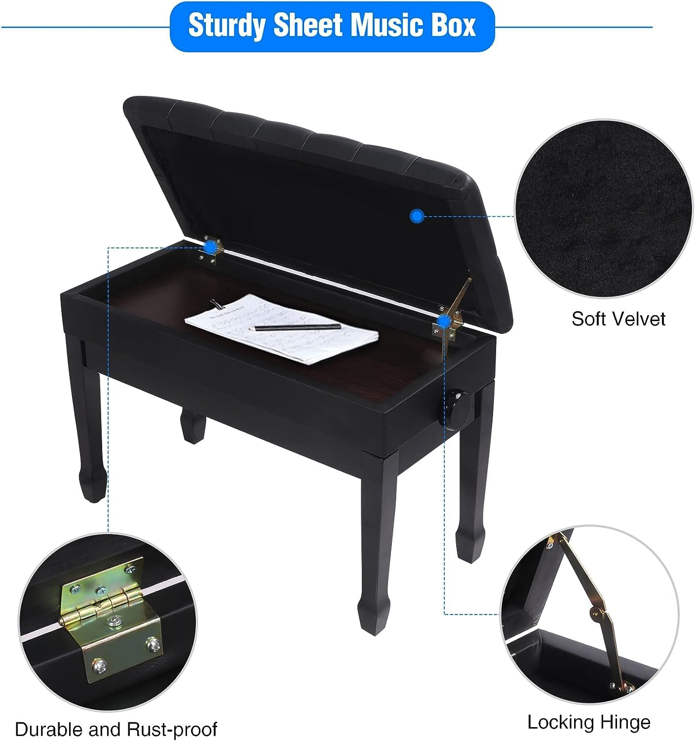 REDCAMP Groß Klavierhocker für 2 Personen, 80 x 35 cm Lange Klavierbank Höhenverstellbar von 50-59cm, Holz Pianobank Keyboardbank Klavierstuhl mit Stauraum verdicktes PU-Lederkissen, Schwarz