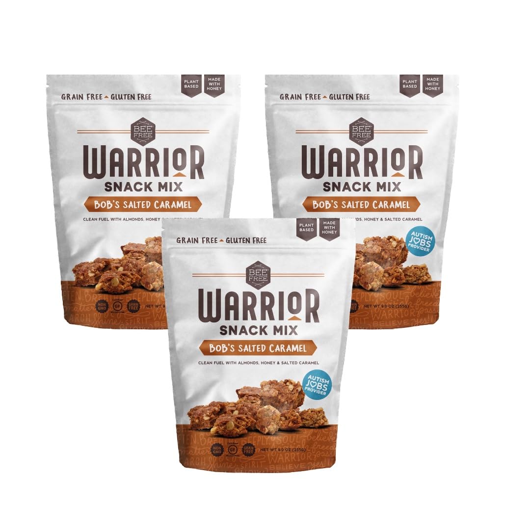 BeeFree Warrior Mix Gluten Free Granola - Chunky Granola Bites | Paleo, Low Carb, Grain Free, Preservative Free, Oat Free | Low Calorie Snacks | Bob's Salted Caramel 9 ounce bags, 3 pack