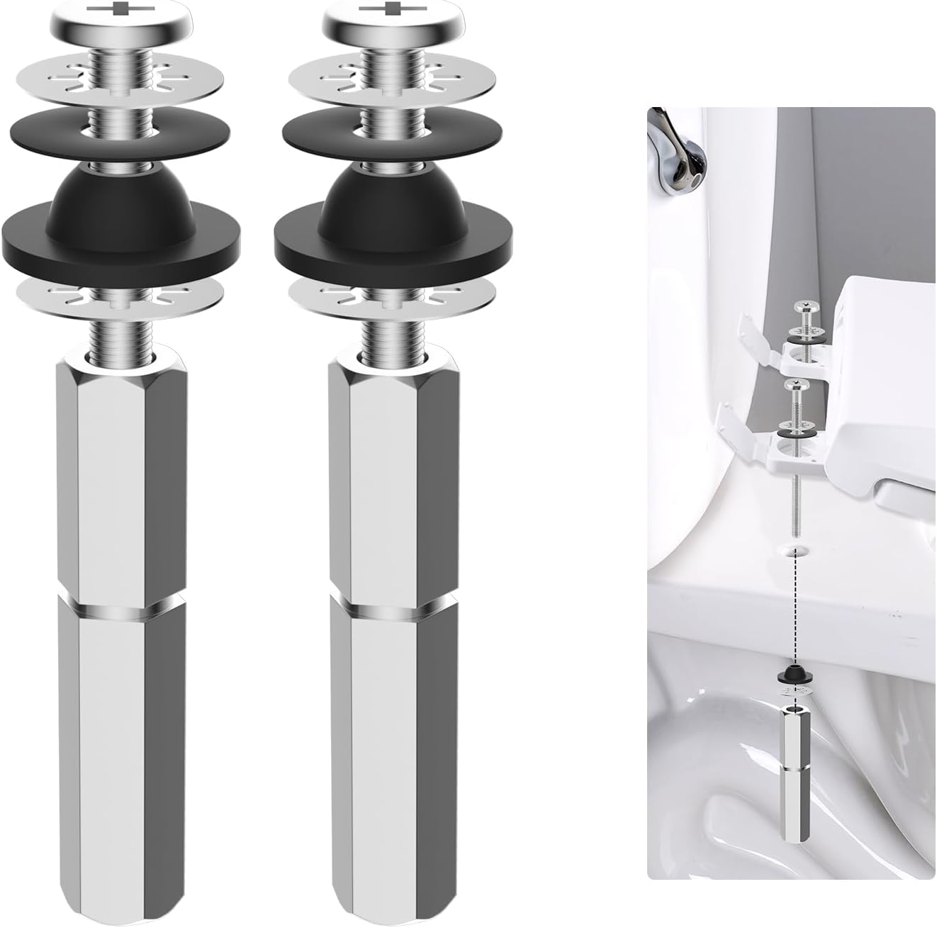 Hibbent 2 PCS Universal Toilet Seat Bolts Kit, Heavy Duty Stainless Steel Toilet Bolts with Extra Long Downlock Nuts Rubber Washers Gaskets, Easy to Install -Bathroom Toilet Repair Screw