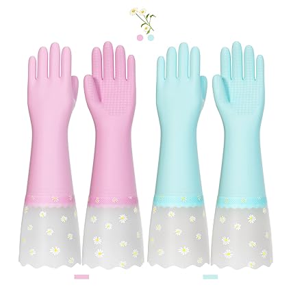 KAQ Dishwashing Cleaning Gloves 2 Pairs Reusable Rubber Gloves Non-Slip Cotton Lining Kitchen Waterproof Household Gloves