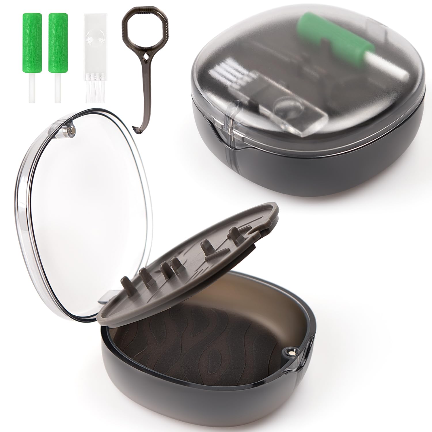 Retainer Case with mirror, Aligner remover tool and 2 Aligner Chewies, used for oral care removal and Storage (Black)