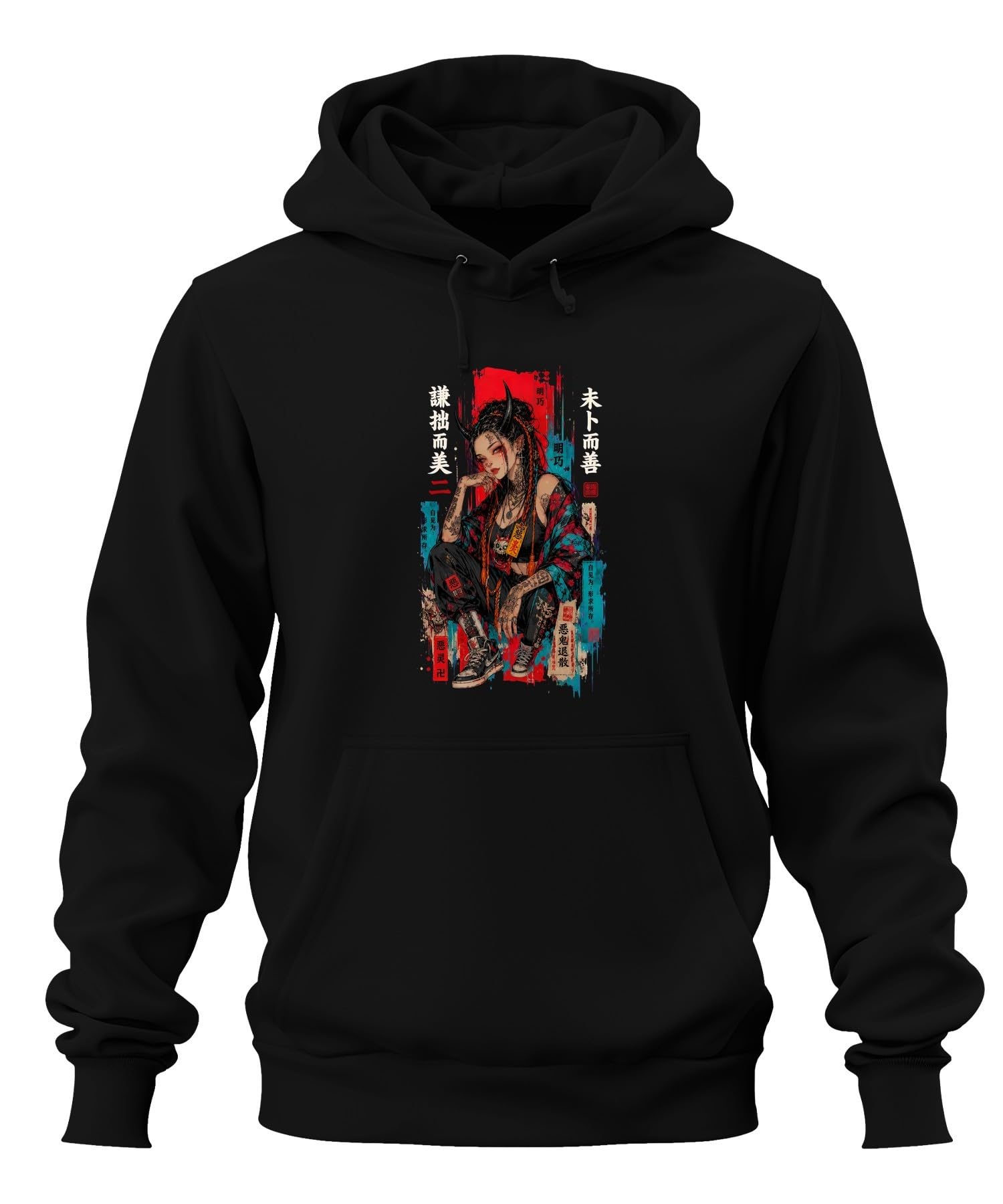 Oni Anime Dziewczęca Japonia Y2K bluza z kapturem | Kanji Demon Kaligrafia Tatuaż Sneaker Kimono Otaku Harajuku Cosplay Sztuka Prezent Styl uliczny