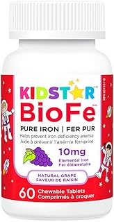 KidStar Nutrients BioFe Pure Iron Chewables, Natural Grape Flavour, 10 Mg Iron Per Tablet, No Sugar, 60 Chewable Tablets