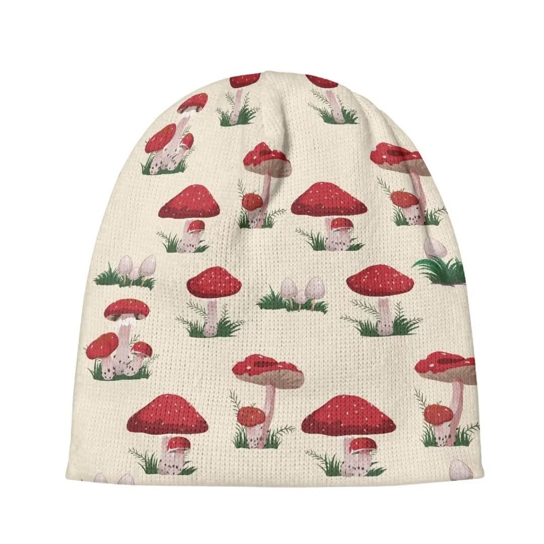 PinUp Angel Red Mushroom Beige Print Cute Beanie Hat for Women Men Winter Hat Womens Cuffed Beanies Knit Skull Cap Warm Ski Hats for Christmas