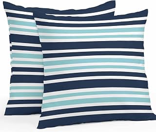 Vandarllin Outdoor Throw Pillows Covers 18x18 inch Set of 2 Waterproof Turquoise Striped Decorative Zippered Cushion Covers for Patio Furniture, Navy Blue Contrast Stripes Lumbar Pillowcases