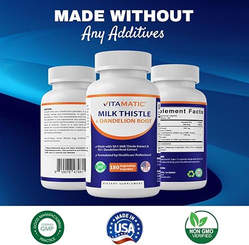 Miniatura 6 de Vitamatic Cardo mariano 501 Extracto 500 mg (equivalente a 25000 mg), extracto 501 de raíz de diente de león 100 mg (equivalente a 5000 mg), 180