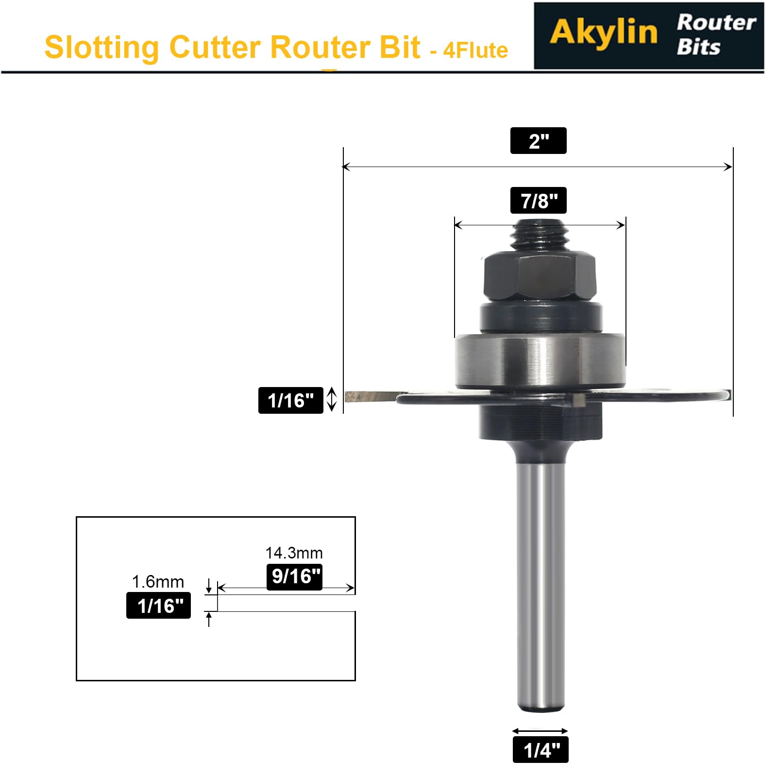 Akylin Slotting Cutter Router Bit, 1/4 Inch Shank, 4 Wing Slot Router Cutter Bit with bearing, 1/16” Height X9/16” Depth - Image 2