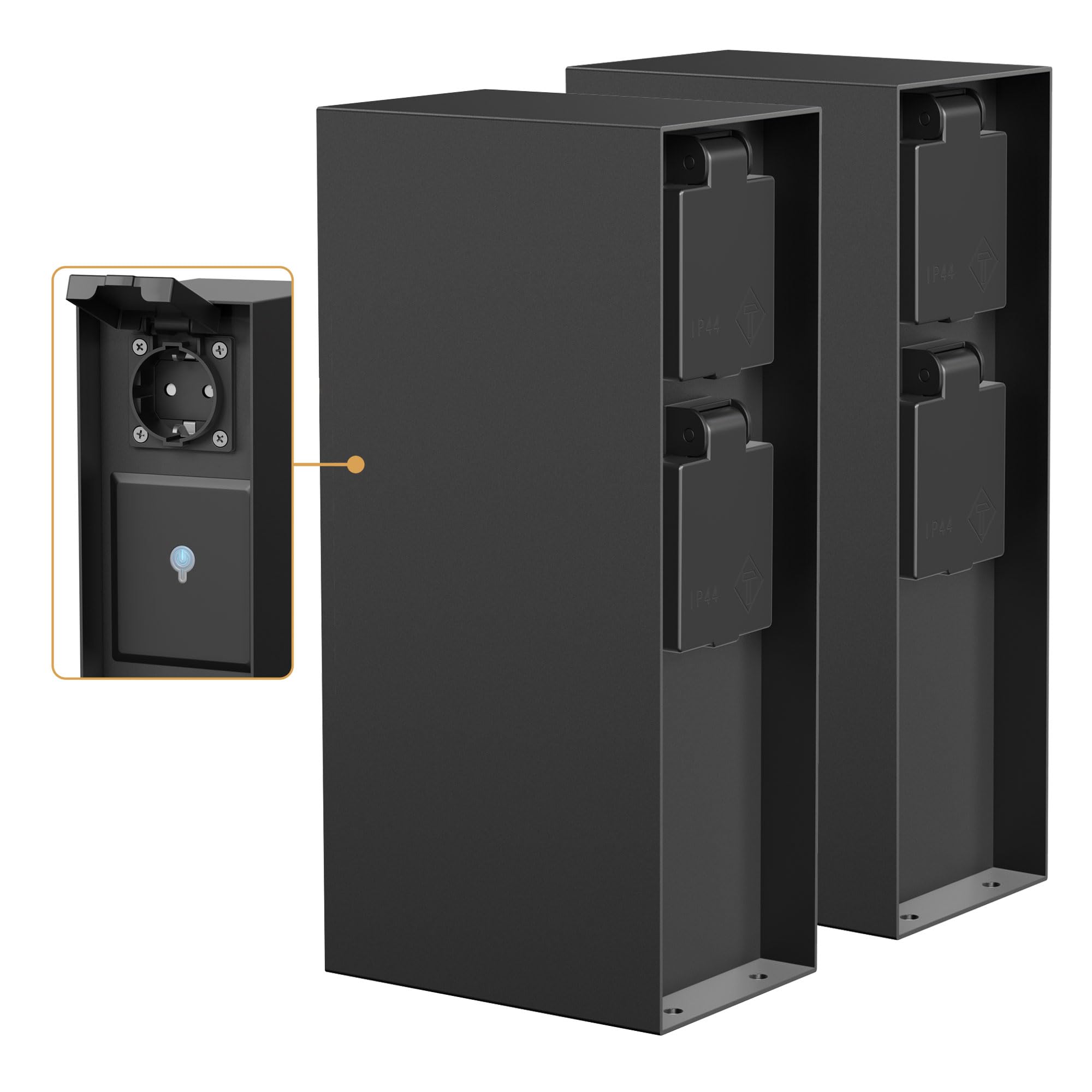 ledscom.de 2x ogrodowa kolumna z gniazdkami POMI do użytku na zewnątrz, IP44, Smart Home, Wi-Fi, Alexa, 3 gniazda, stal nierdzewna, czarna, prostokątna, 23 cm