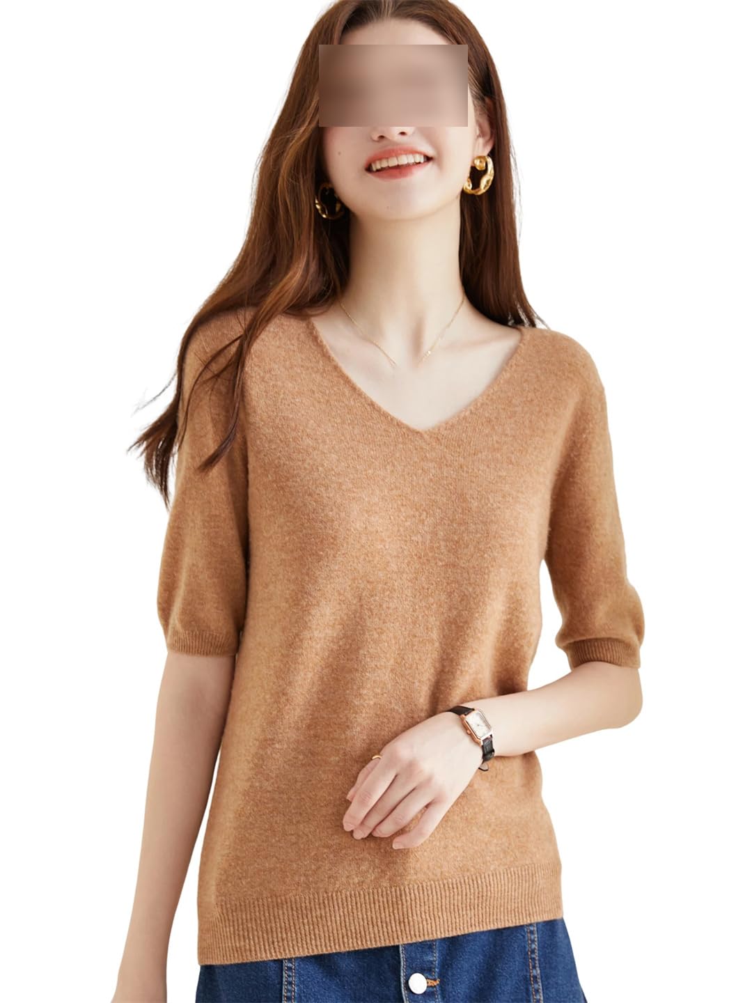 Maglione da donna in lana merino per donna a maniche corte pullover top primavera estate scollo a V morbido lavorato a maglia abbigliamento femminile