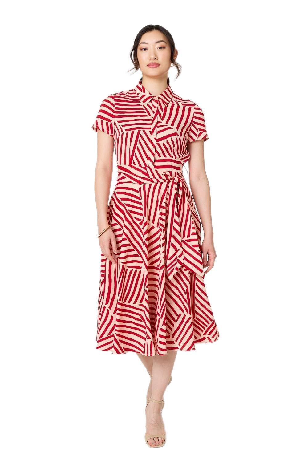 Izabel London Women's Red Striped Tie Waist Midi Shirt Dress For Uk With A Collar, Short Sleeves And A Tie Waist.