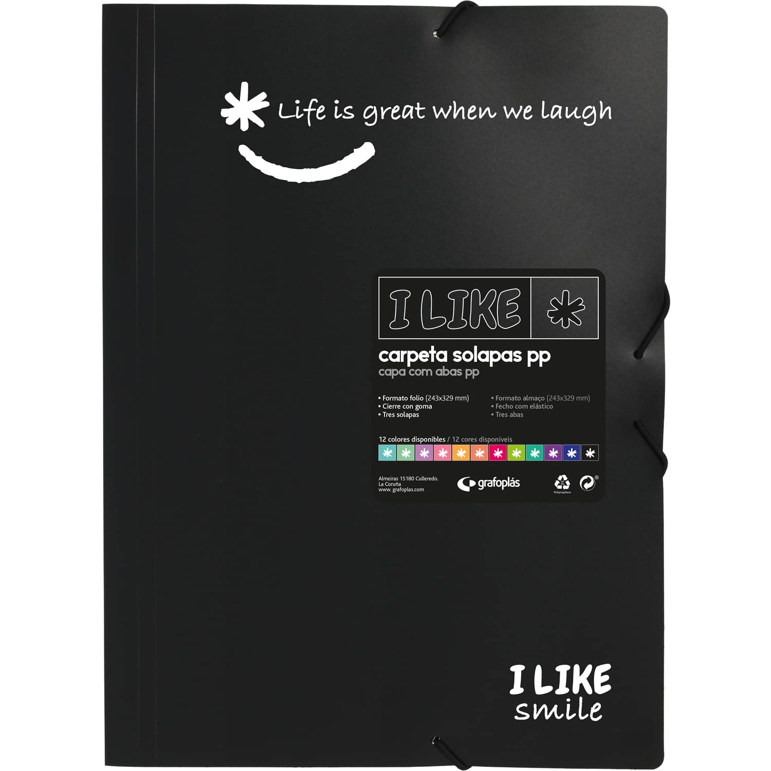Grafoplás 4800810. School Folder Three Flaps and Rubbers, Black, Folio Size, Rubber Closure, Opaque Polypropylene, Like