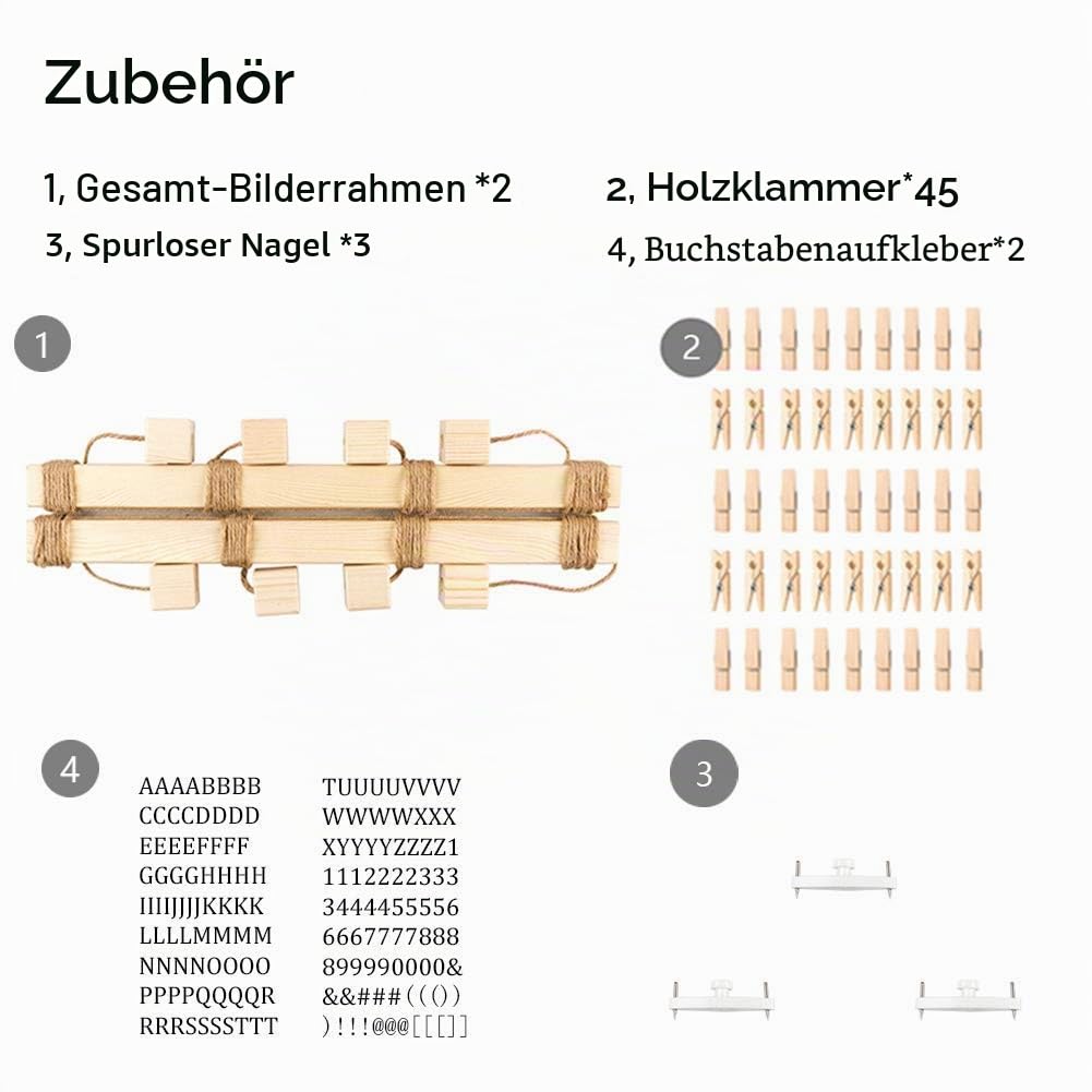 Uping Bilderrahmen Collagen, 2er Set Bilderrahmen Fotowand Mit 40 Kleinen Holzklammern und 5 Hanfseil für Wohnkultur (Mit Alphabet und Zahlenaufkleber)