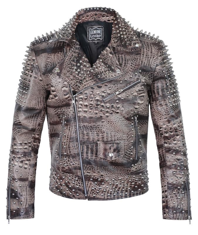 Mens Vintage Python SnakeSkin Pattern Studded Punk Rock Style Leather Biker Jacket Brando Spikes Coat