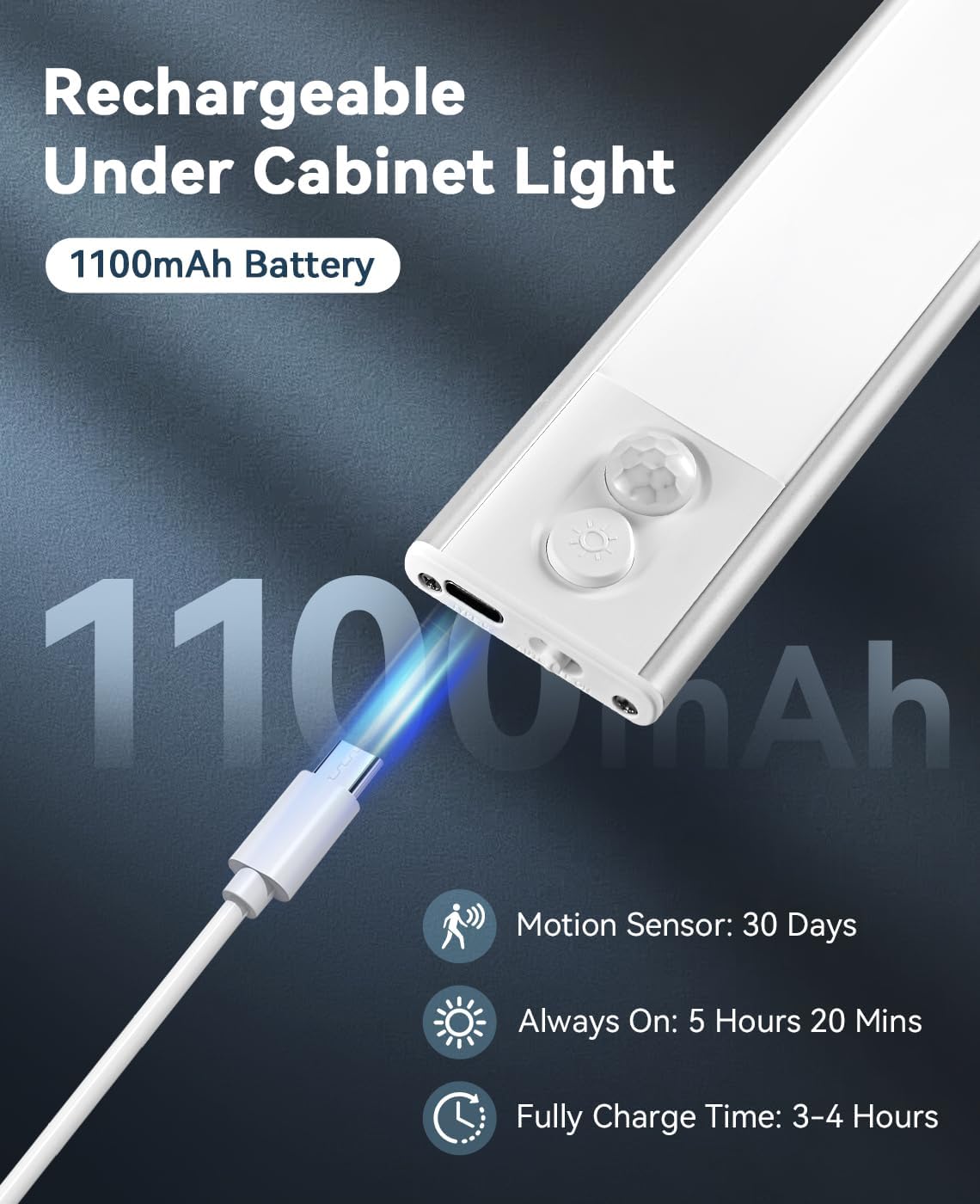 Under Counter Lights for Kitchen, Dimmable Magnetic Motion Sensor Under Cabinet Light, 1100 mAh Wireless LED Under Cabinet Lighting Rechargeable - Shelf, Closet, Stairs, Hallway