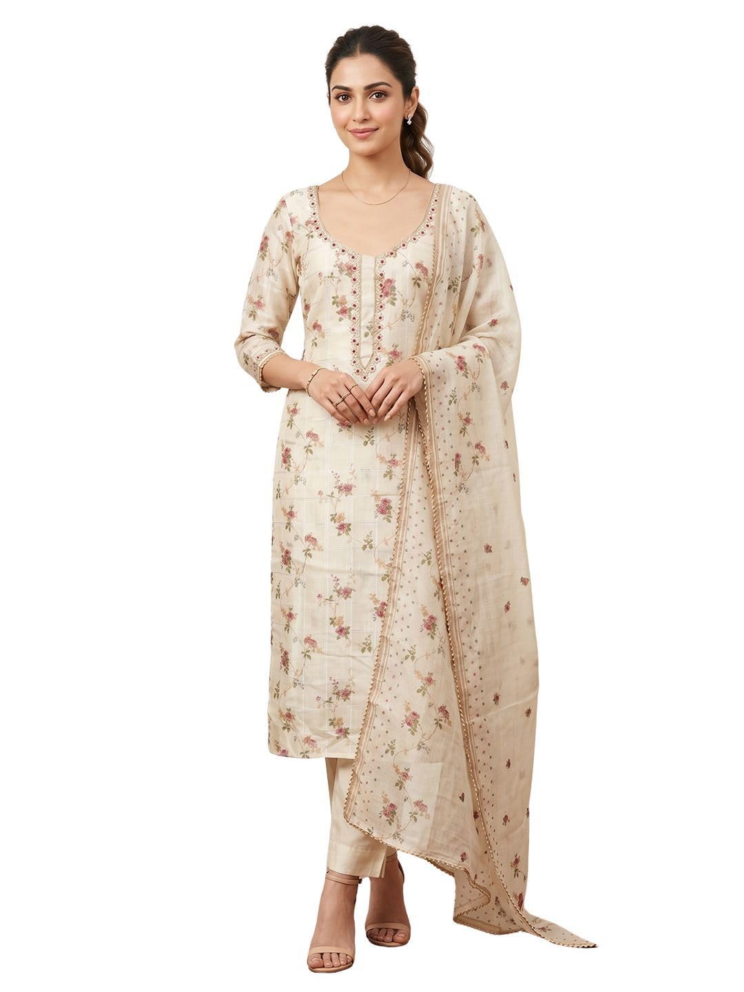 Cream Floral Printed Linen Dress Material | Unstitched Suit Set with Santoon Bottom, Linen Dupatta for Women-image-49