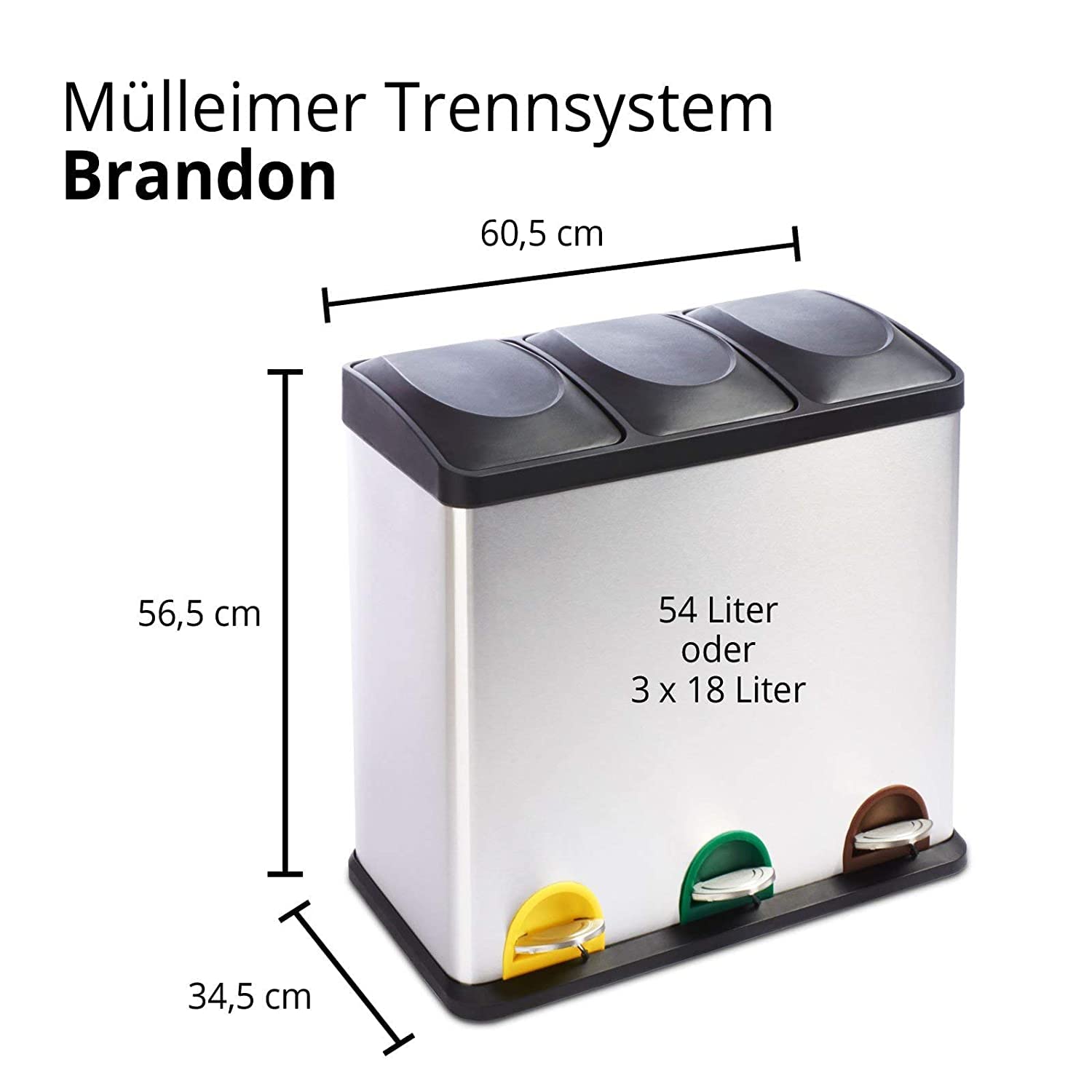 Floordirekt Mülleimer 2 oder 3 Fächer 24 L aus Edelstahl für Haushalt inkl. 15 Müllbeutel | Abfalleimer Mülltonnenbox 3er für Küche 3 Kammer je 18 Liter für Papier, Biomüll, Plastik