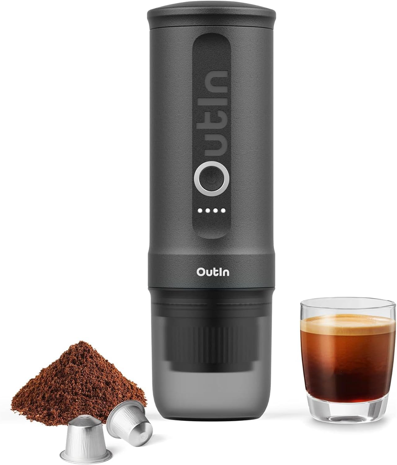 OutIn Nano Portable Electric Espresso Machine, Camping Travel Coffee Maker, Car Coffee Maker with USB-C Self-Heating Freshly Ground Coffee & NS Capsule for RV, Hiking, Office