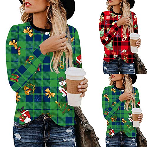 Preisvergleich Produktbild Feli546Bruce Weihnachtsbluse für Damen, Farbiger Block, kariert, Rundhalsausschnitt, langärmlig, Weihnachtsdekoration, rot, XXL
