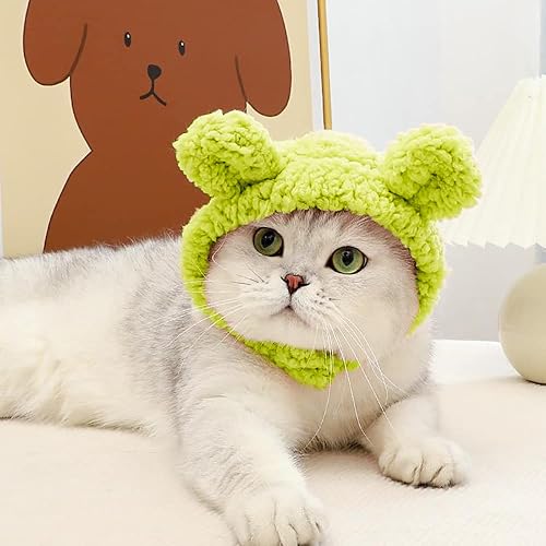 Miniatura 7 de JOICEE Lindo disfraz de gato cálido sombrero de oso para gato, ajustable, suave, pequeño, sombrero de oso para gato, cachorro, perro (color aguacate)