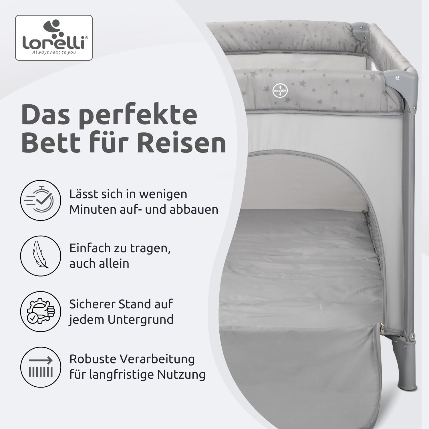 Lorelli 2 in 1 Babybett und Laufstall Carina 2 Ebenen mit Neugeborenen Einsatz und Seiteneingang, Kinderbett ab Geburt bis 15 kg, Baby Reisebett, faltbar inkl. Transporttasche, Grau