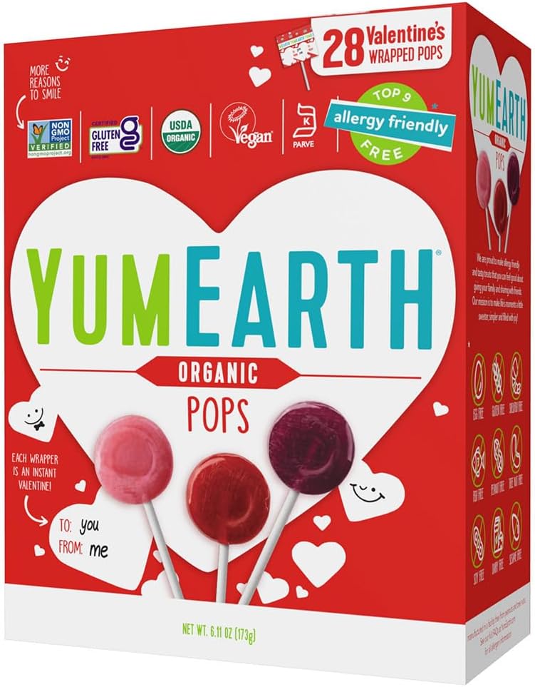Organic Valentines Candy Lollipops Variety - 28 Count Box - Allergy Friendly (Top 9 Free), No Artificial Dyes, Non GMO, Gluten Free, Vegan Candy Snacks (28 Count (Pack of 1), Lollipops)